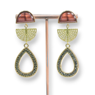 Orecchini Perno Di Bronzo Con Occhio Di Gatto E Goccia Di Marcasite 22x65mm Marrone