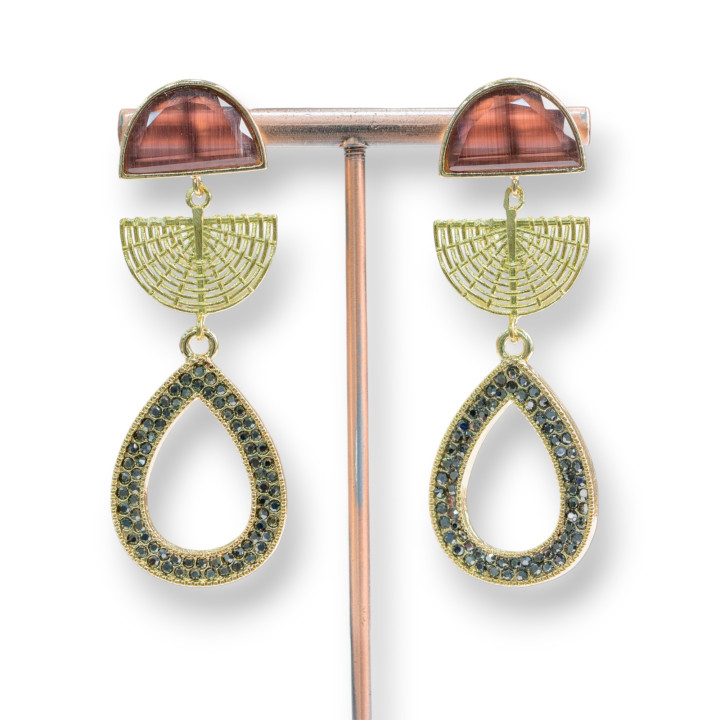 Orecchini Perno Di Bronzo Con Occhio Di Gatto E Goccia Di Marcasite 22x65mm Marrone