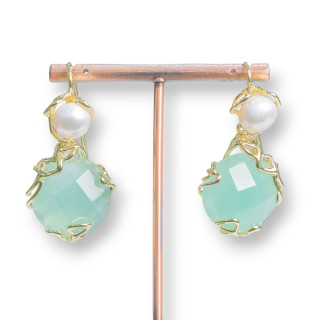 Boucles D'oreilles Crochet En Bronze Avec Perles De Rivière Et Pendentif Cabochon Vert À Facettes 24x45mm