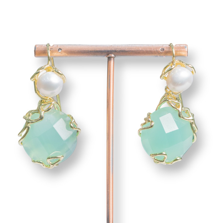 Pendientes de gancho de bronce con perlas de río y colgante de cabujón facetado verde de 24x45 mm