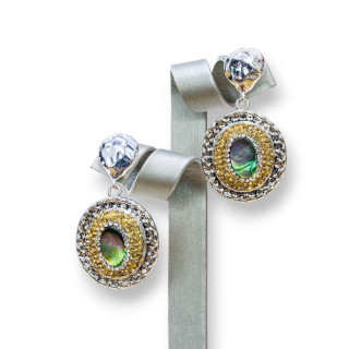 Bronze Stud Earrings With Marcasite Rhinestones And Oval Abalone