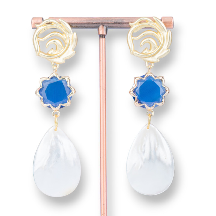 Ohrstecker aus Bronze mit Katzenaugen und blauem Perlmutt 20x73mm