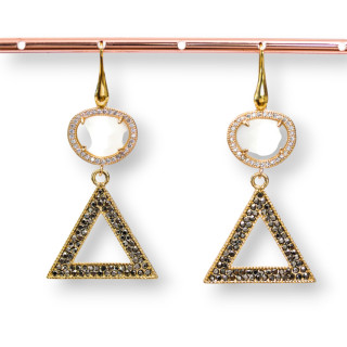 Pendientes Gancho De Plata De Ley 925 Con Ojo De Gato Y Bronce Con Marcasita Strass 28x60mm Blanco
