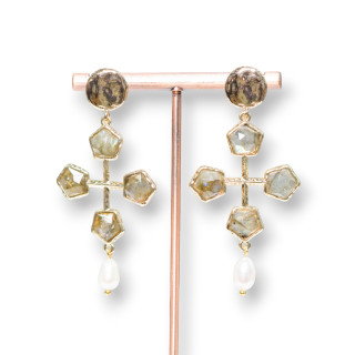 Aretes de bronce forjado con piedras duras engarzadas en perlas de río de bronce 32x68 mm labradorita