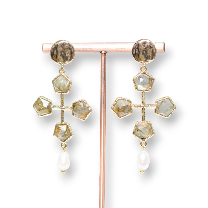 Wrought Bronze Stud Earrings With Semi-precious Stones Set On Bronze With River Pearls 32x68mm Labradorite