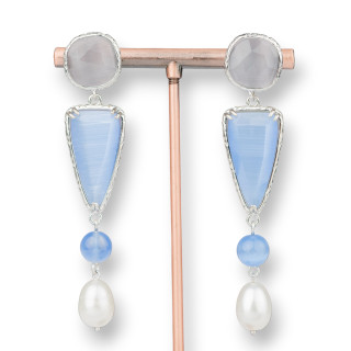 Boucles D'oreilles Tiges Bronze Oeil De Chat Et Perles Bleu Clair 15x72mm