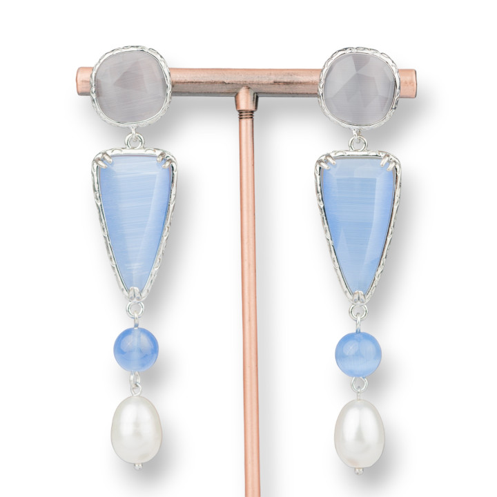 Aretes De Bronce Con Ojo De Gato Y Perlas Celestes 15x72mm