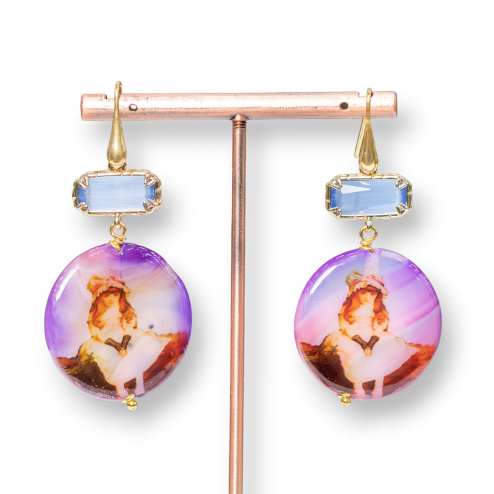 925 Silver Hook Earrings With Edged Cat's Eye And Pantographed Agate 30x60mm Purple