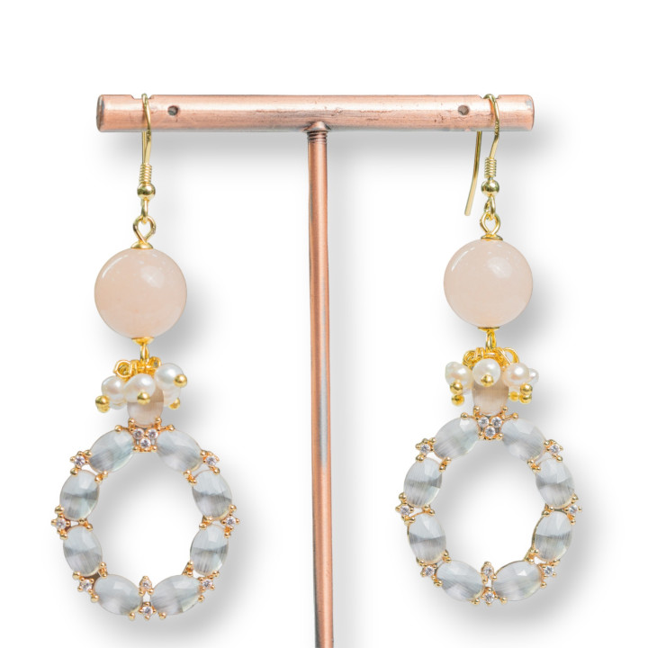 Boucles d'Oreilles Crochet Argent 925 Pierres Et Perles Avec Pendentif Oeil De Chat 24x70mm Gris