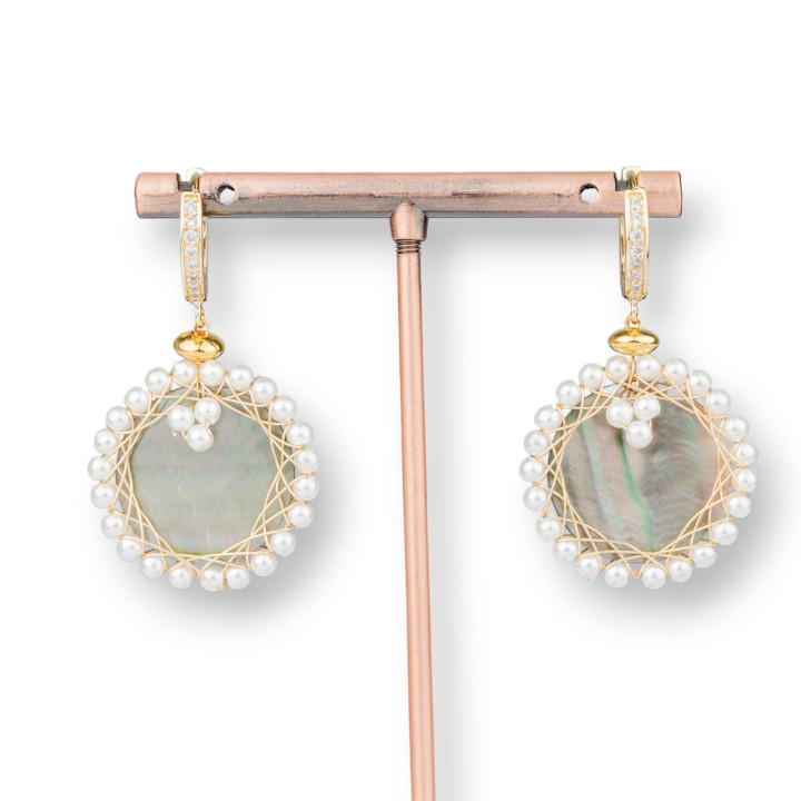 Bronze Closed Stud Earrings With Mother-of-Pearl Elements 26x45mm Golden