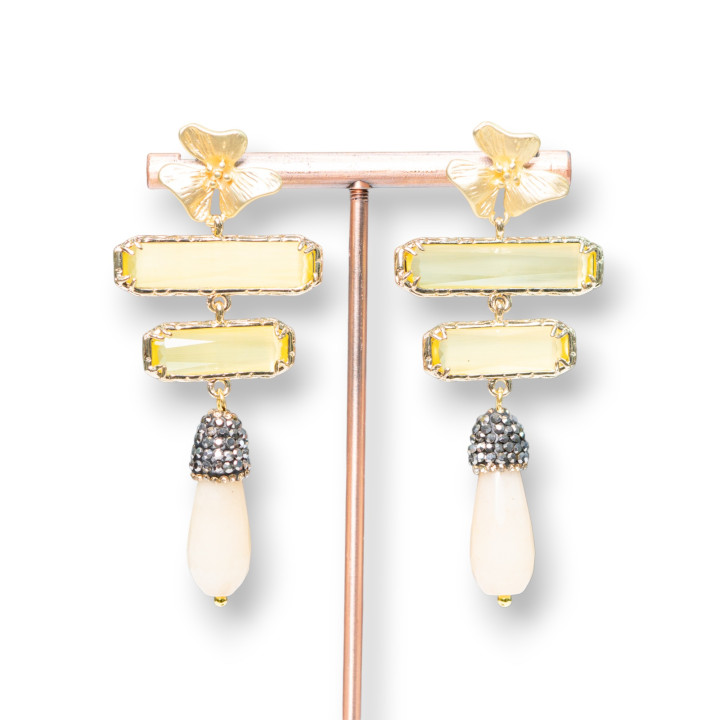 Boucles D'oreilles Oeil De Chat En Bronze Avec Barrettes Et Pampilles De Pierres Précieuses Avec Marcassite 30x68mm Jaune