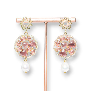 Pendientes De Botón De Plata De Ley 925 Con Bronce Y Ojo De Gato Y Perlas De Río 24x55mm Burdeos