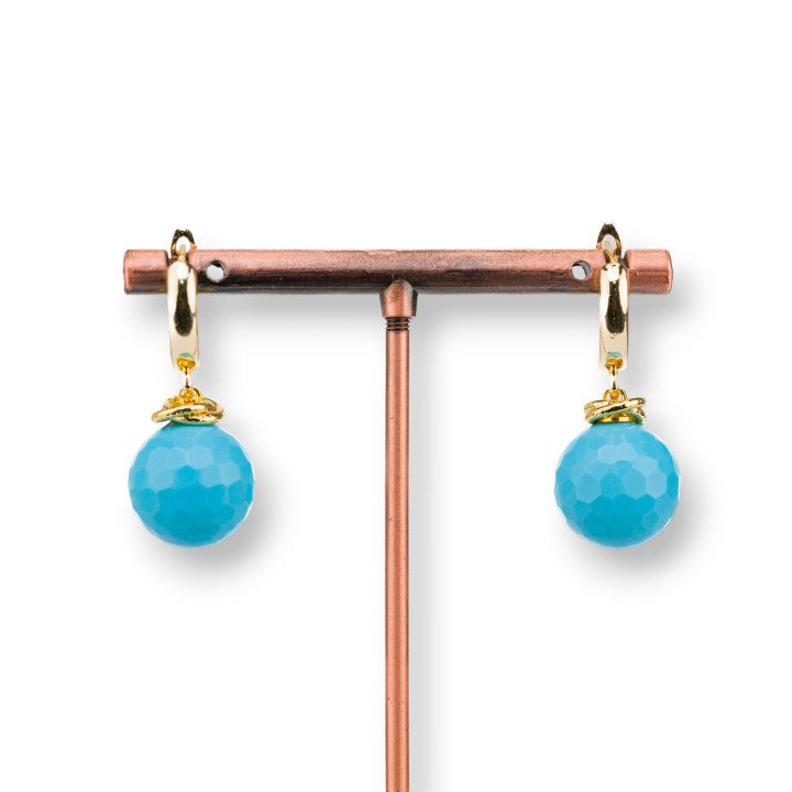 Orecchini A Perno Di Bronzo Con Sfera Di Pietre Dure Sfaccettato 14mm Dorato Pasta Di Turchese