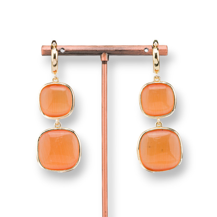 Orecchini Di Bronzo A Perno Con Occhio Di Gatto Doppio Quadratino 22x60mm Arancio