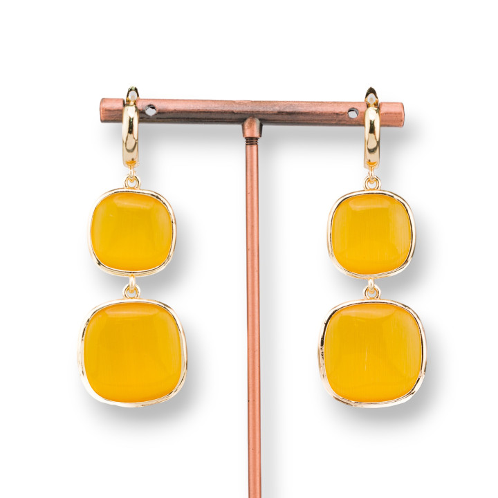 Boucles d'Oreilles Tiges Oeil de Chat Bronze Double Carré 22x60 mm Jaune