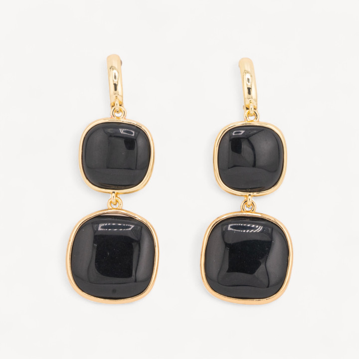 Boucles d'Oreilles Tiges Oeil de Chat Bronze Double Carré 22x60mm Noir