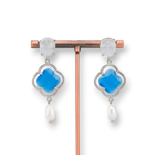 Pendientes de botón de bronce con ojo de gato y perlas de río azules 20x58mm