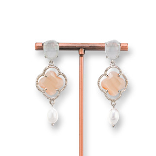 Bronze Stud Earrings With Cat's Eye And Freshwater Pearls 20x58mm Powder