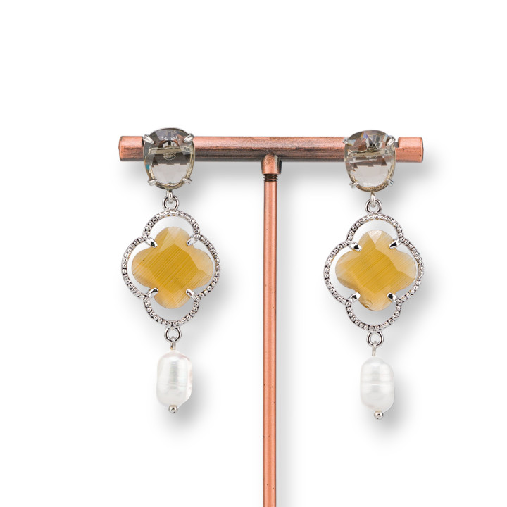 Boucles D'oreilles Tiges Oeil De Chat En Bronze Avec Perles De Rivière 20x58mm Marron Clair