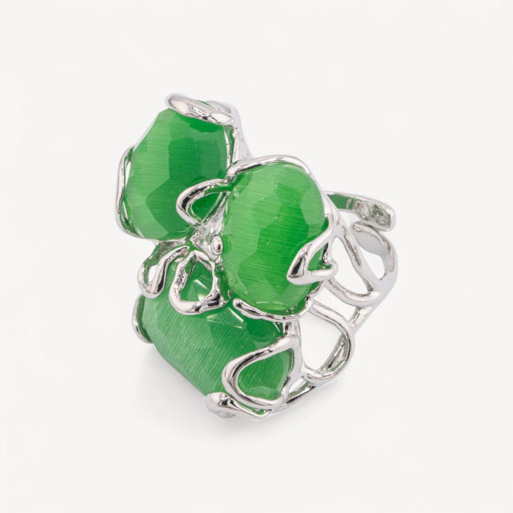 Bague Bronze Oeil de Chat 32x36mm Taille Ajustable Rhodié MOD101 Vert Clair