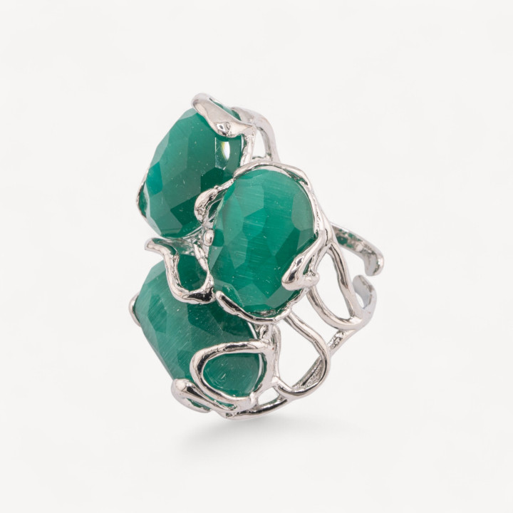 Bronzering mit Katzenauge 32x36mm Größenverstellbar Rhodium MOD98 Smaragdgrün