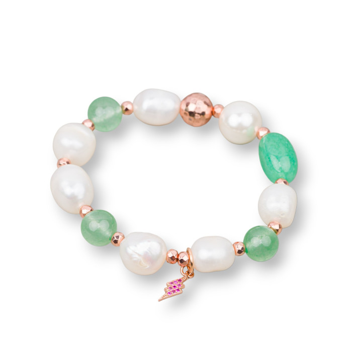 Bracelet Élastique De Perles De Rivière Avec Pierres Dures Et Pendentif Avec Zircons 10-12mm Éclair Vert Or Rose