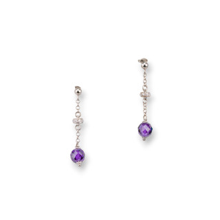 Orecchini A Perno Di Argento 925 Con Zirconi A Sfera Sfaccettata 8mm Viola E Rondelle Zirconate 8x44mm
