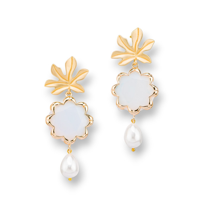 Pendientes de botón de bronce con flor ojo de gato y perlas blancas de Mallorca 30x68mm