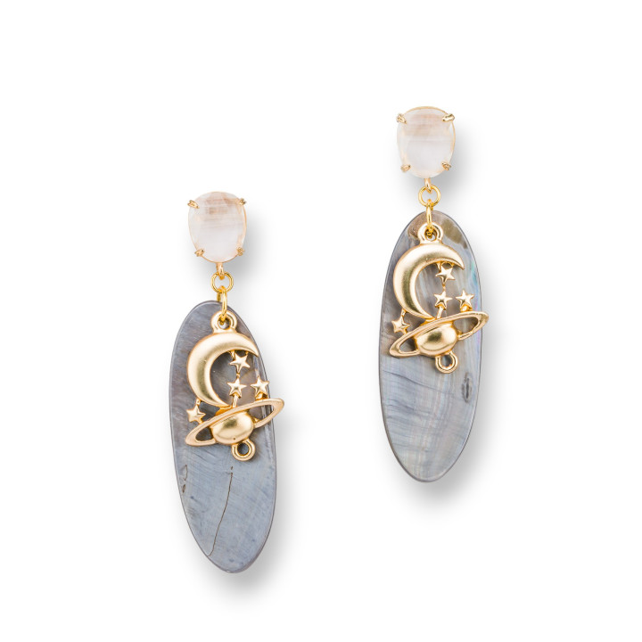 Pendientes Bolitas de Bronce con Colgante Ojo de Gato y Nácar y Zamak 18x66 Blanco Dorado