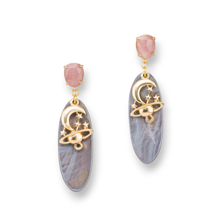 Pendientes Bolitas de Bronce con Colgante Ojo de Gato y Nácar y Zamak 18x66 Polvo Dorado