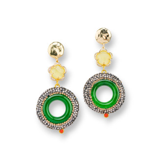 Bronze Stud Earrings with Cat's Eye and Jade Hoop with Marcasite 30x64mm Yellow