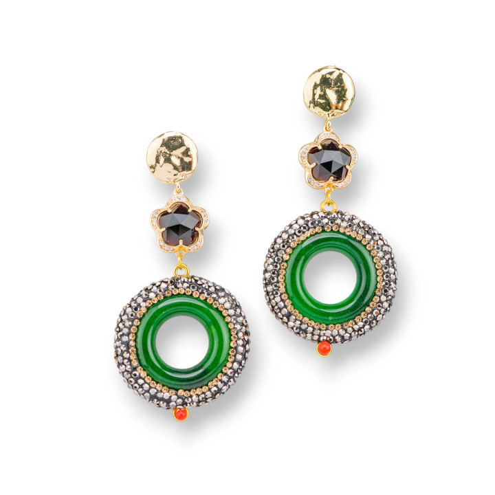 Boucles d'Oreilles Puces Oeil de Chat en Bronze Sertie de Serre-Tête en Marcassite de Jade 30x64mm Noir