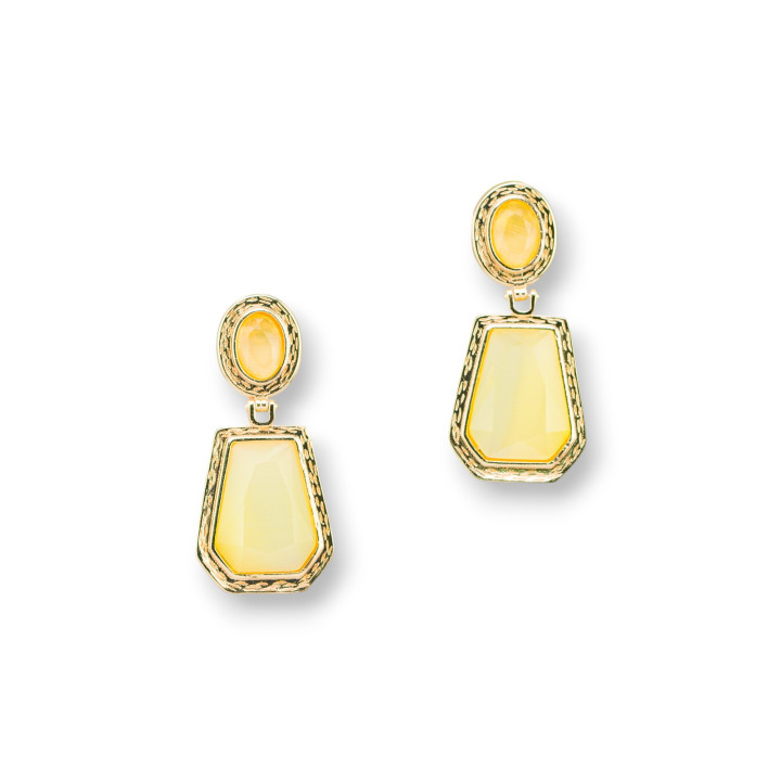 Bronze Stud Earrings With Cat's Eye Pendants 20x42mm Yellow Golden