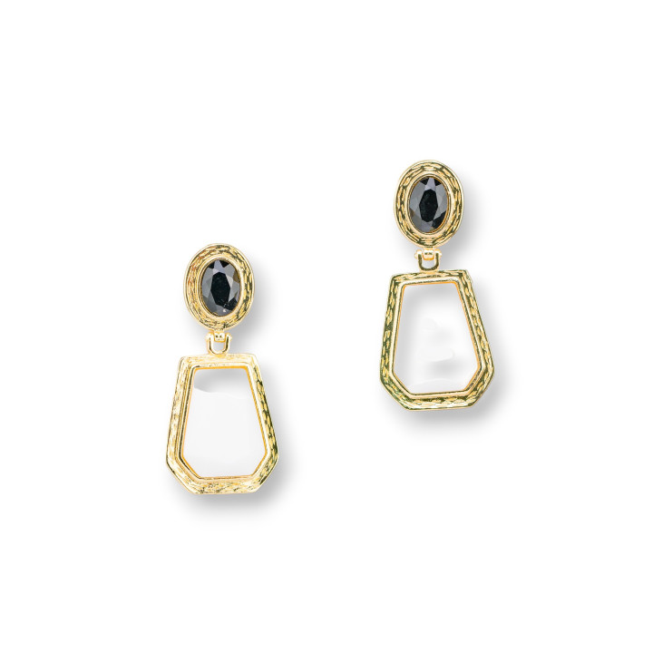 Boucles D'oreilles Tiges Bronze Avec Pendentifs Oeil De Chat 20x42mm Doré Noir Blanc