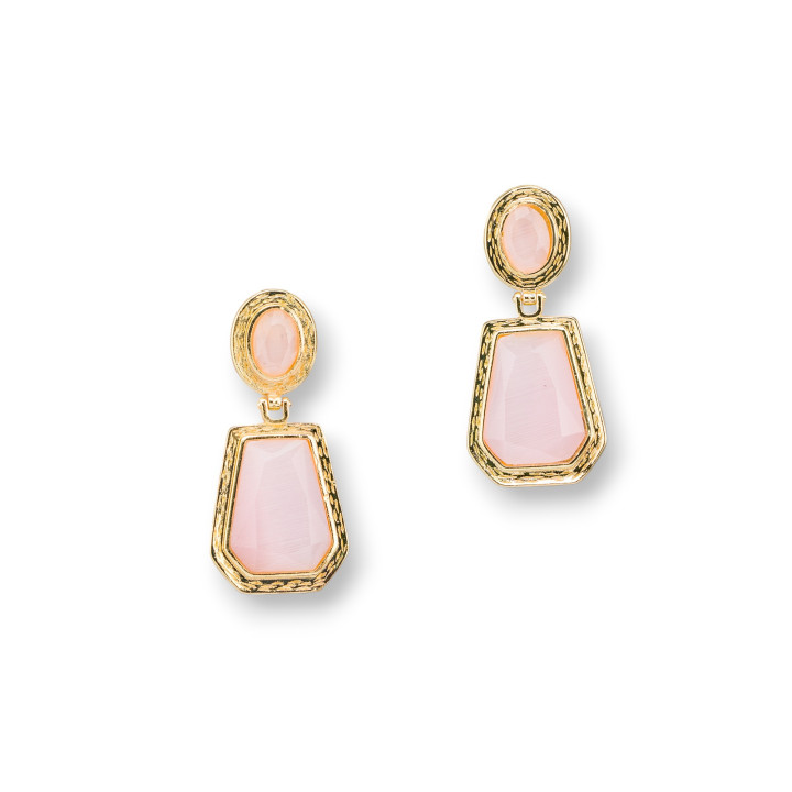 Bronze-Ohrstecker mit Katzenaugen-Anhängern 20x42mm Goldrosa