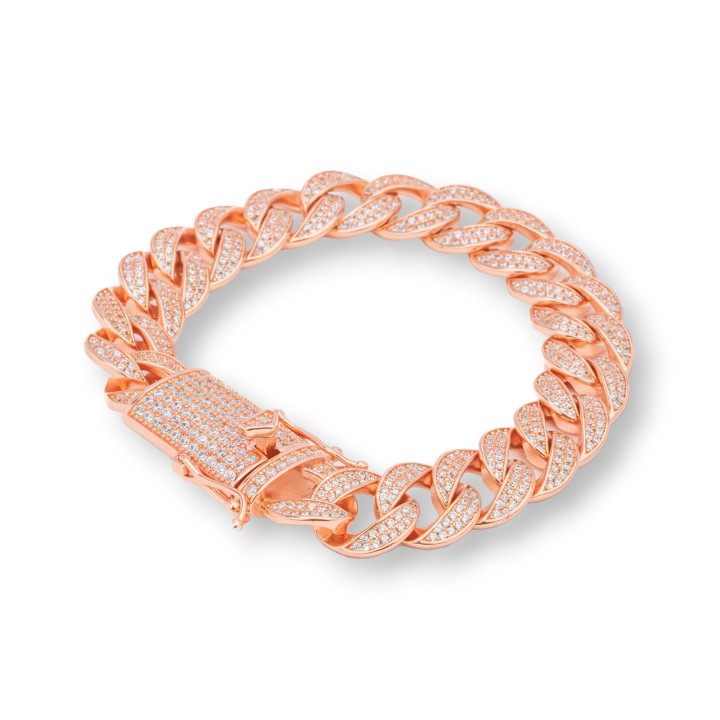 925 Silver Bracelet 'Antoinette' Groumette Mesh With Zircons Width 4mm Length 18cm Rose Gold