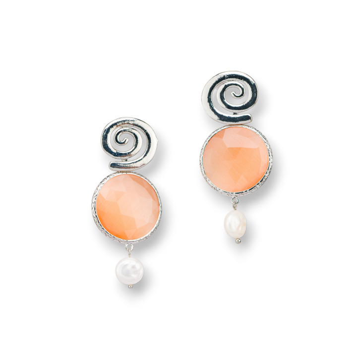 Boucles d'Oreilles Tiges Bronze Oeil de Chat Rond Sertie 24x40 mm Plaqué Rhodium Pêche