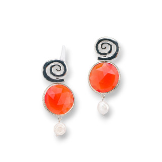 Bronze-Ohrstecker mit rundem Katzenaugen-Set, 24 x 40 mm, orangefarbenes Rhodium