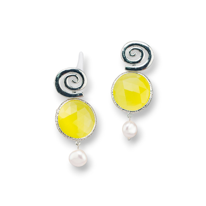 Bronze Stud Earrings With Round Cat's Eye Set 24x40mm Yellow Rhodium Plated