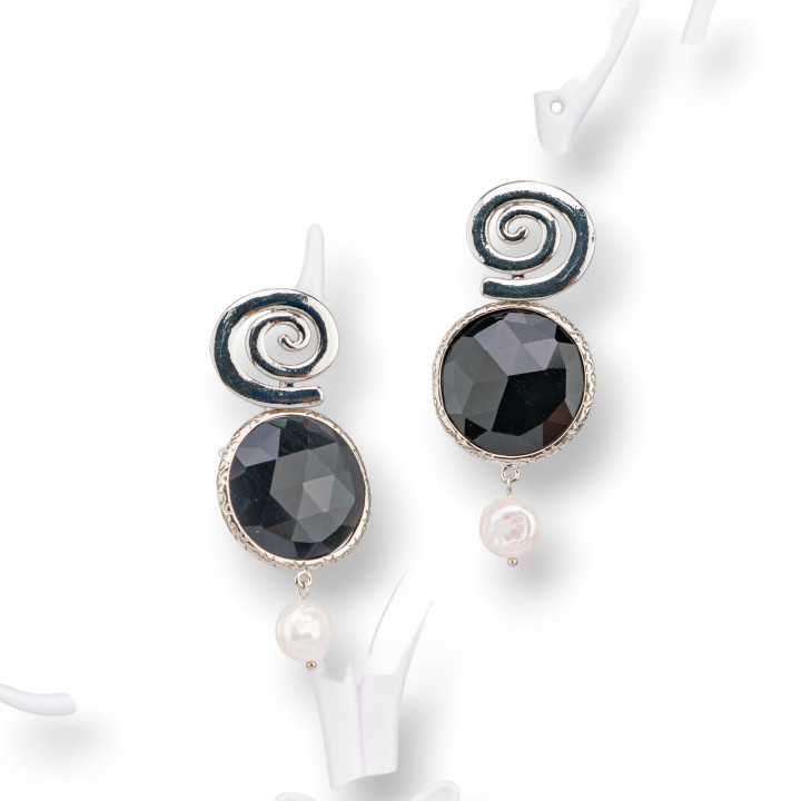 Bronze-Ohrstecker mit rundem Katzenauge-Set, 24 x 40 mm, schwarzes Rhodium