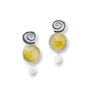 Boucles d'Oreilles Tiges Bronze Oeil de Chat Rond Sertie 24x40 mm Vert Acide Rhodié