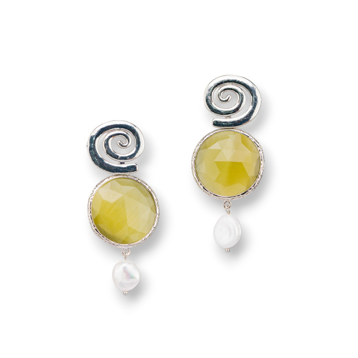 Boucles d'Oreilles Tiges Bronze Oeil de Chat Rond Sertie 24x40 mm Vert Acide Rhodié