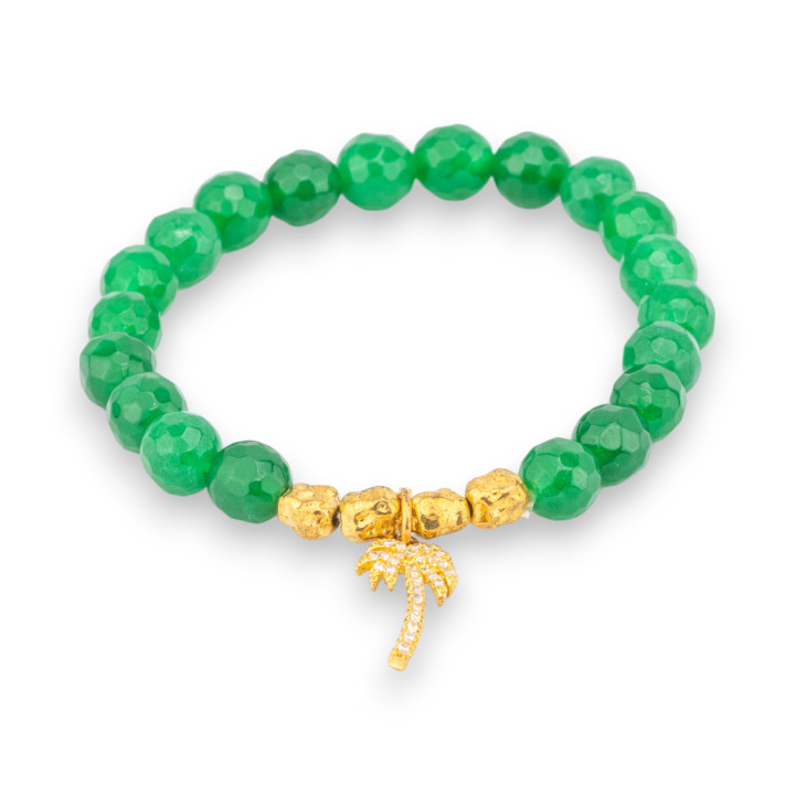 Bracelet of semi-precious stones and brass charms with emerald green jade zircons
