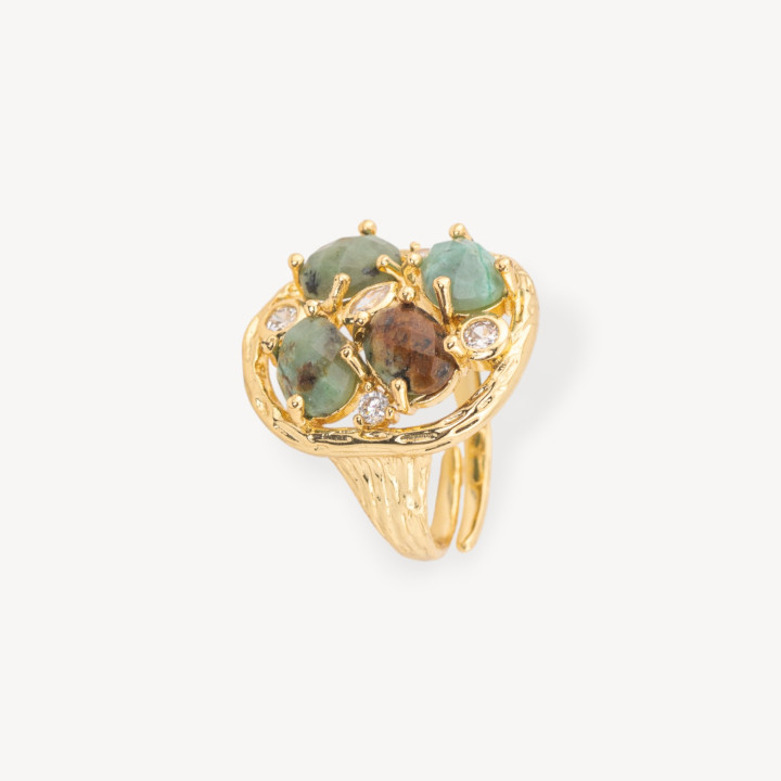 Anillo Bronce Con Piedras Duras Y Circonitas Engastadas 20x23mm Tamaño Ajustable Jade Africano Dorado