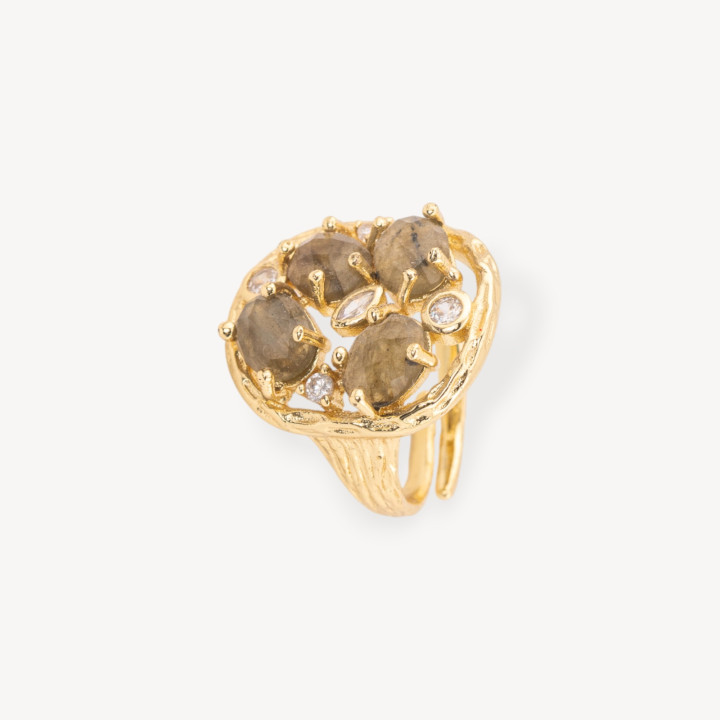 Bronze Ring With Semi-precious Stones and Zircons Set 20x23mm Adjustable Size Golden Labradorite