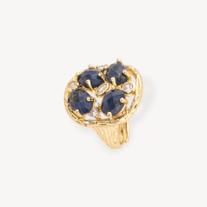 Anello Di Bronzo Con Pietre Dure e Zirconi Incastonati 20x23mm Misura Regolabile Dorato Lapislazzuli
