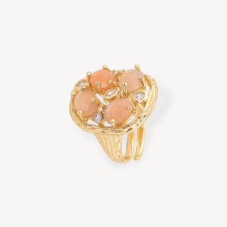 Bronzering mit harten Steinen und gefassten Zirkonen 20 x 23 mm, verstellbare Größe, goldener rosa Mondstein