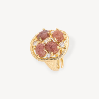 Anillo Bronce Con Piedras Duras Y Circonitas Engarzadas 20x23mm Tamaño Ajustable Cuarzo Fresa Dorado