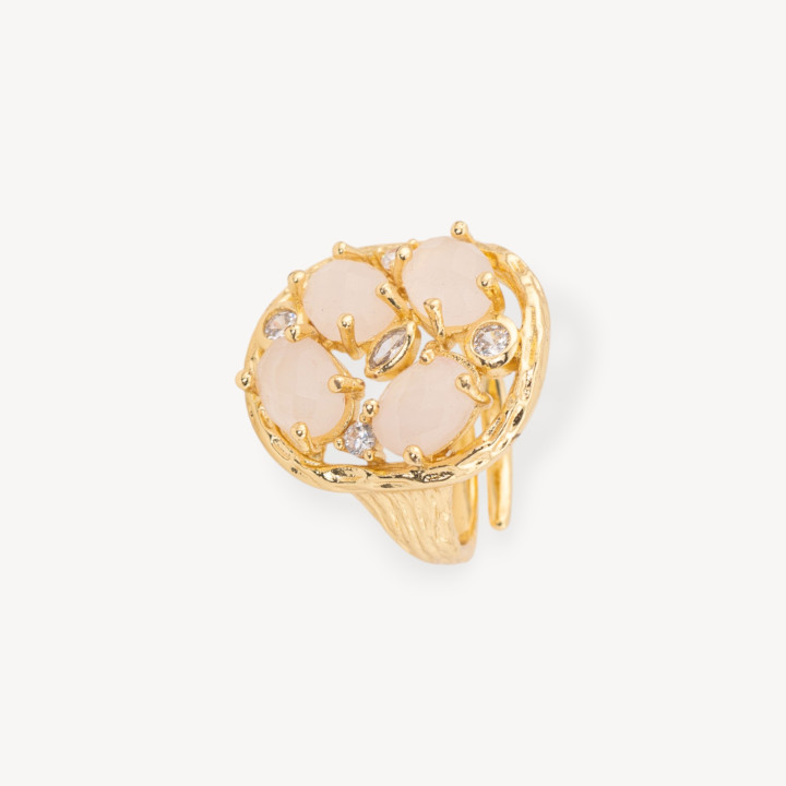 Bague Bronze Pierres Dures et Zircons Sertis 20x23mm Taille Ajustable Quartz Rose Doré