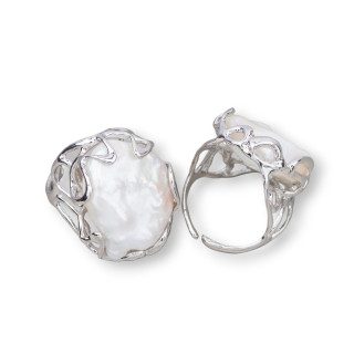 Bague Bronze Avec Perles De Rivière Taille Ajustable 22x30mm Rhodié